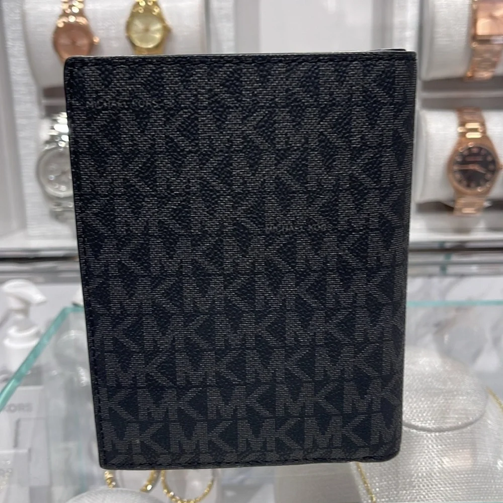 Michael Kors Jet Set Travel Md Embellished Signature Logo Passport Case Black